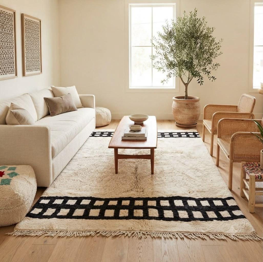 Cream & Black Geometric Wool Rug – Boho Shag Pile