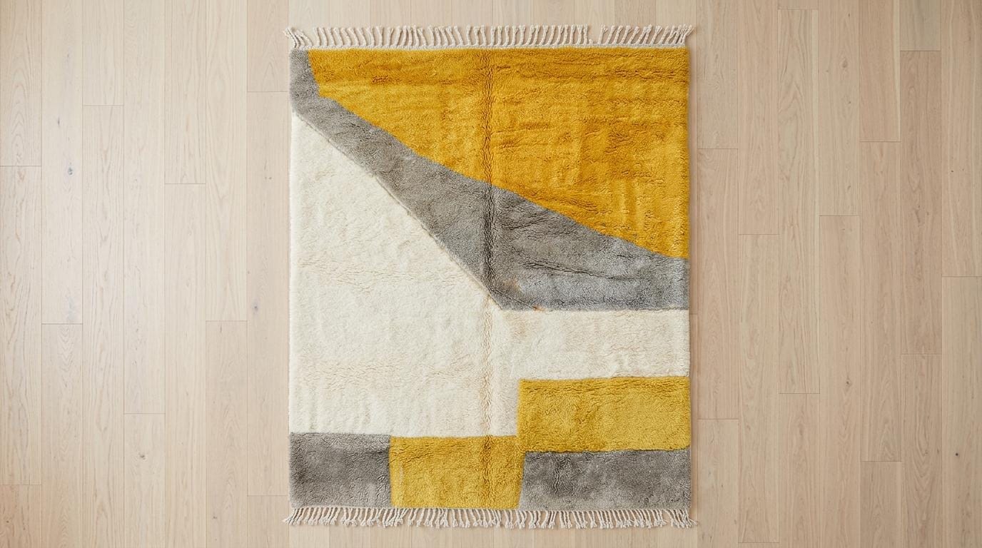 Hand-Knotted Moroccan Shaggy Rug – Mustard Geometric Wool Area Rug (Beni Ourain Style)