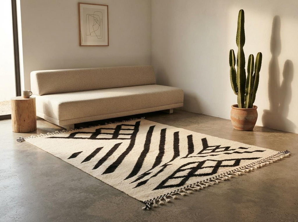 Hand-Knotted Moroccan Geometric Wool Rug – Cream Black Diamond Berber Tasseled Area Carpet