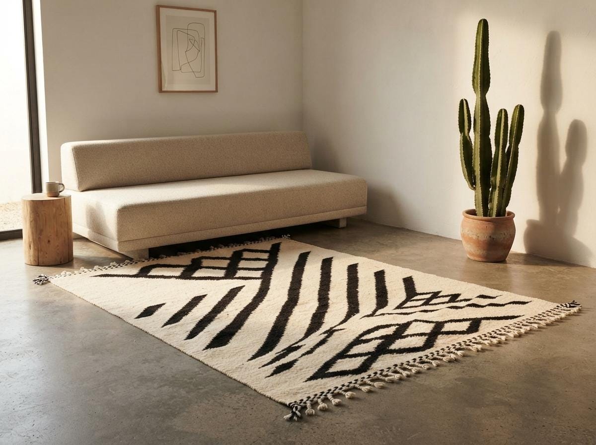Hand-Knotted Moroccan Geometric Wool Rug – Cream Black Diamond Berber Tasseled Area Carpet