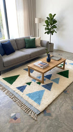 Moroccan Rug, Blue Green Geometric Triangle Shag Rug, Cream Plush Boho  Floor Art