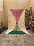 Hand-knotted Moroccan Shaggy Rug – Geometric Triangles, Wool, Pink Green Blue Decor