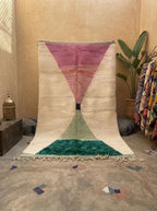 Hand-knotted Moroccan Shaggy Rug – Geometric Triangles, Wool, Pink Green Blue Decor
