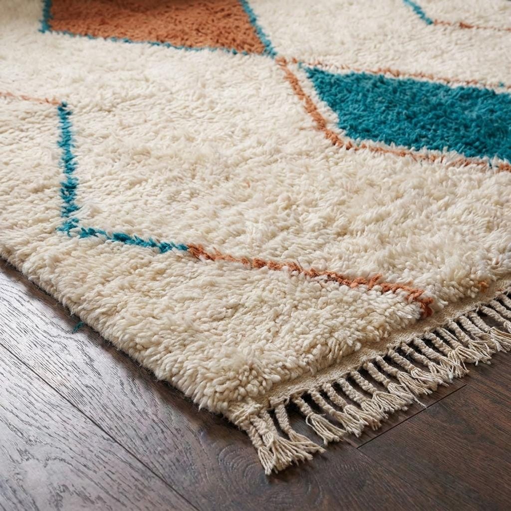 Moroccan Wool Area Rug, Cream Diamond Pattern, Boho Living Room Carpet