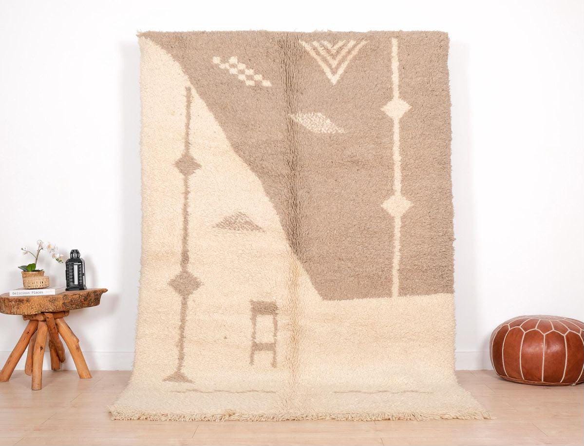 Hand-Knotted Moroccan  Wool Rug | Abstract Taupe Diamonds, Cream | i Minimalist Area Rug