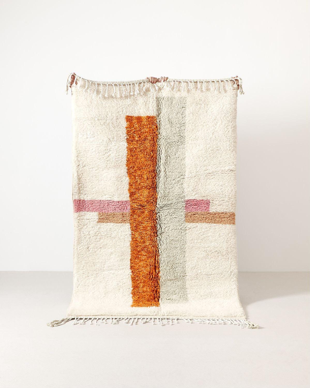 Hand-Knotted Moroccan Rug – Organic Wool Geometric Stripe Tassel Fringe