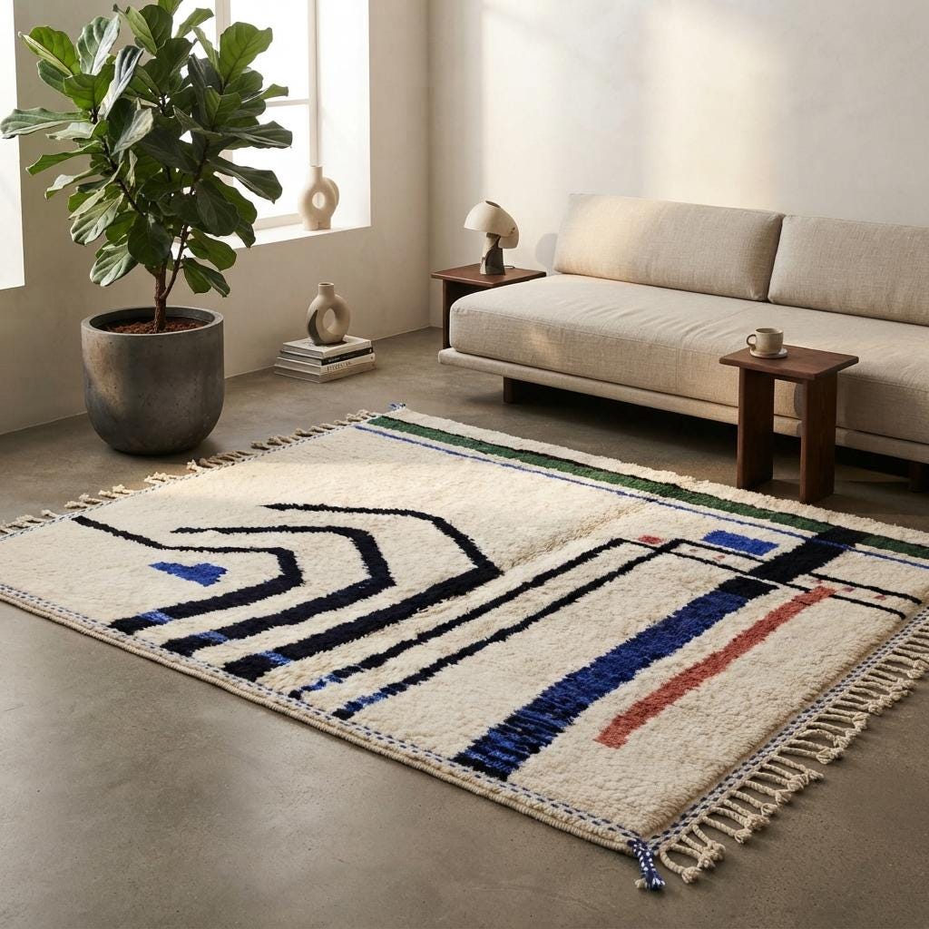 Hand-Knotted Moroccan Geometric Rug – Cream, Blue, Green, Red Berber Tribal Home Decor