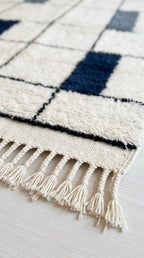 Navy Bleu Moroccan Rug, Geometric Block Area Rug,  Grey Shag, Hand-Tufted Boho Decor