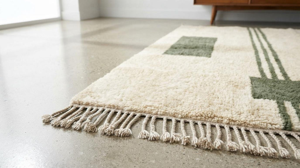Handmade Geometric Moroccan Rug - Plush Cream Wool with Emerald Line Motif - Minimalist Berber Style Area Rug for Modern Home Decor