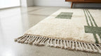 Handmade Geometric Moroccan Rug - Plush Cream Wool with Emerald Line Motif - Minimalist Berber Style Area Rug for Modern Home Decor