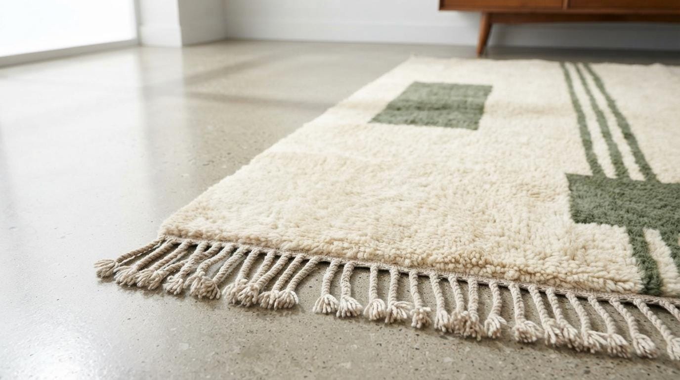 Handmade Geometric Moroccan Rug - Plush Cream Wool with Emerald Line Motif - Minimalist Berber Style Area Rug for Modern Home Decor