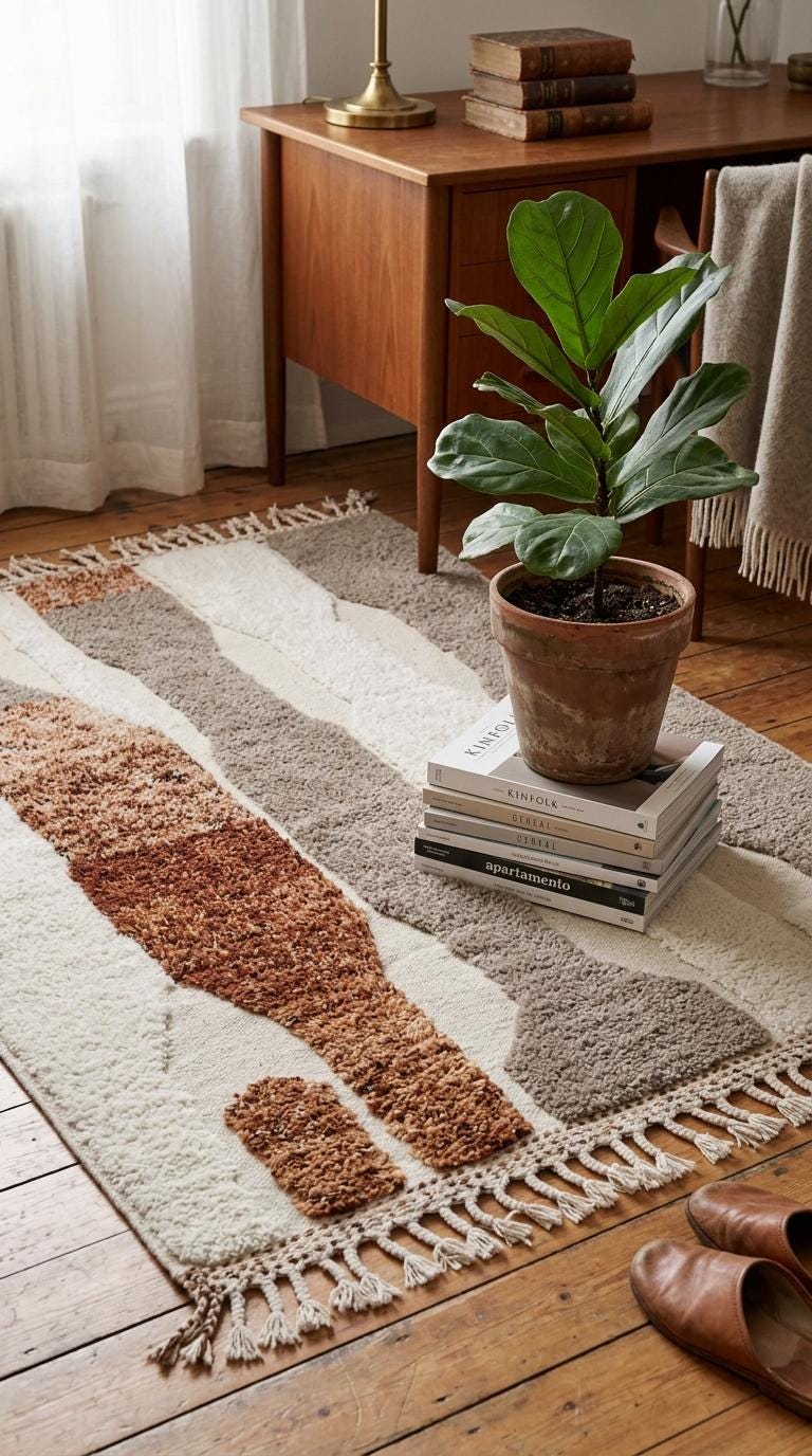 Hand-Knotted Moroccan Wool Rug, Geometric Stripes, Cream Base, Mid-Century Modern Decor