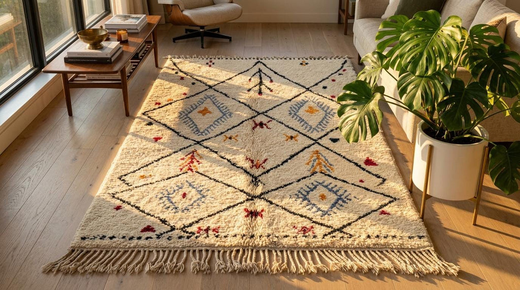 Hand-Knotted Wool Rug | Modern Moroccan Diamond Pattern, Cream Base