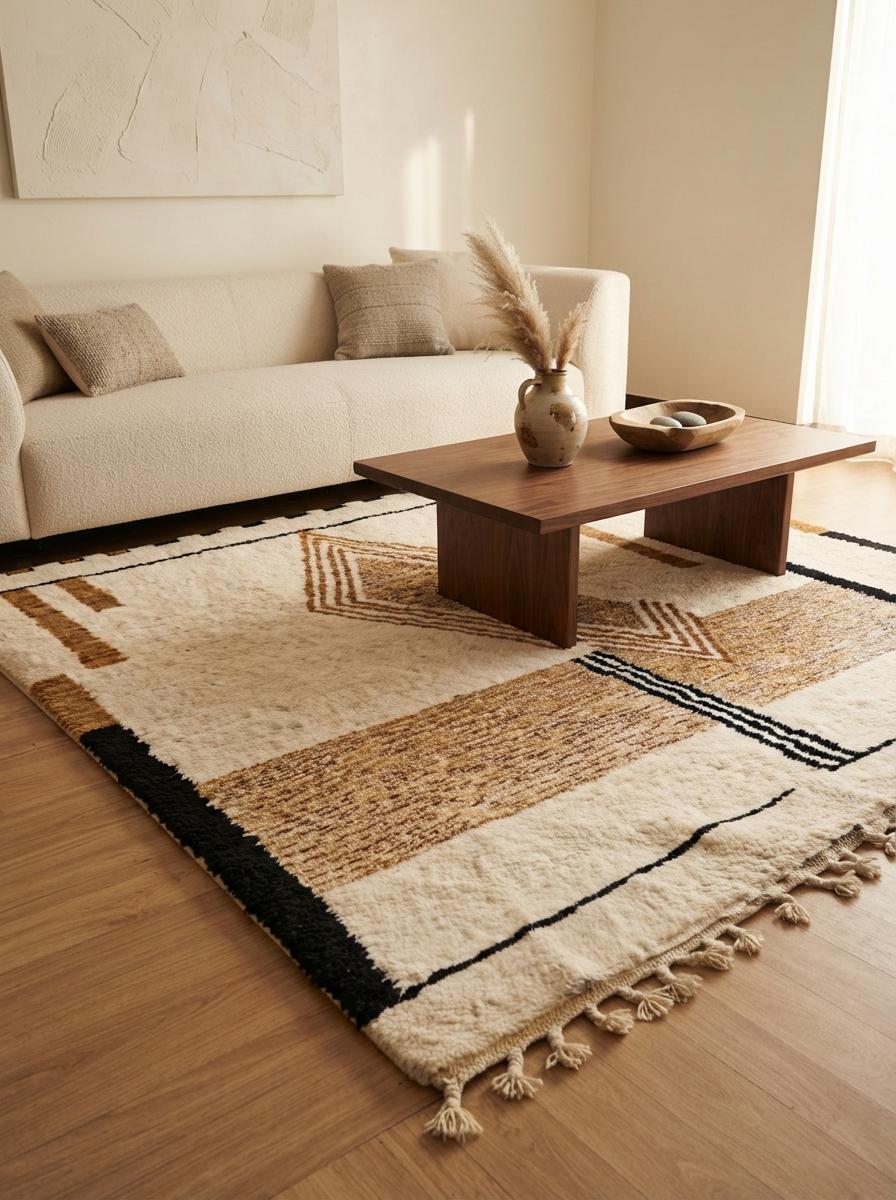 Hand-Knotted Moroccan Rug – Cream Wool Geometric Berber Area Carpet