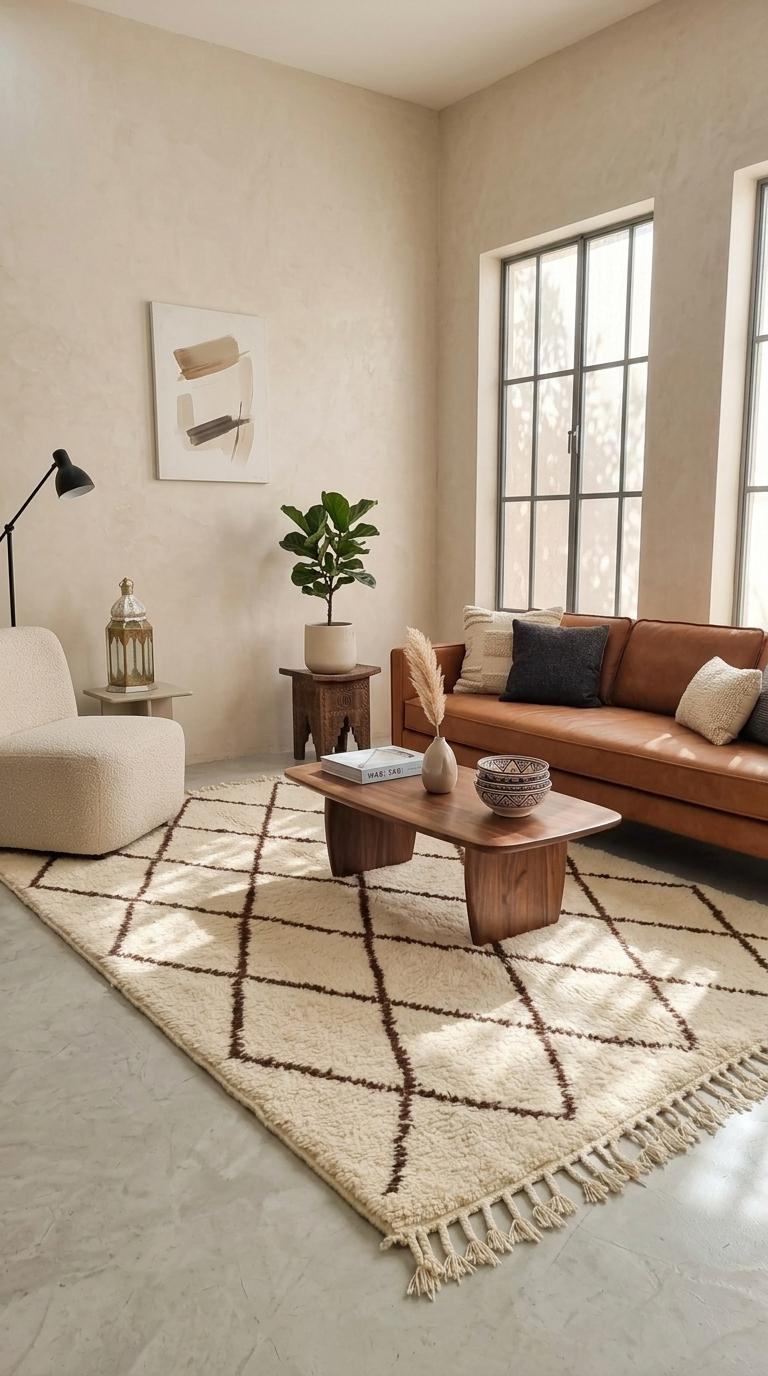 Traditional Moroccan Beni Ourain Rug - Plush Cream Wool with Dark Brown Diamond Lattice - Handwoven Tribal Area Rug - Artisanal Home Decor