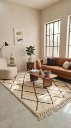 Traditional Moroccan Beni Ourain Rug - Plush Cream Wool with Dark Brown Diamond Lattice - Handwoven Tribal Area Rug - Artisanal Home Decor
