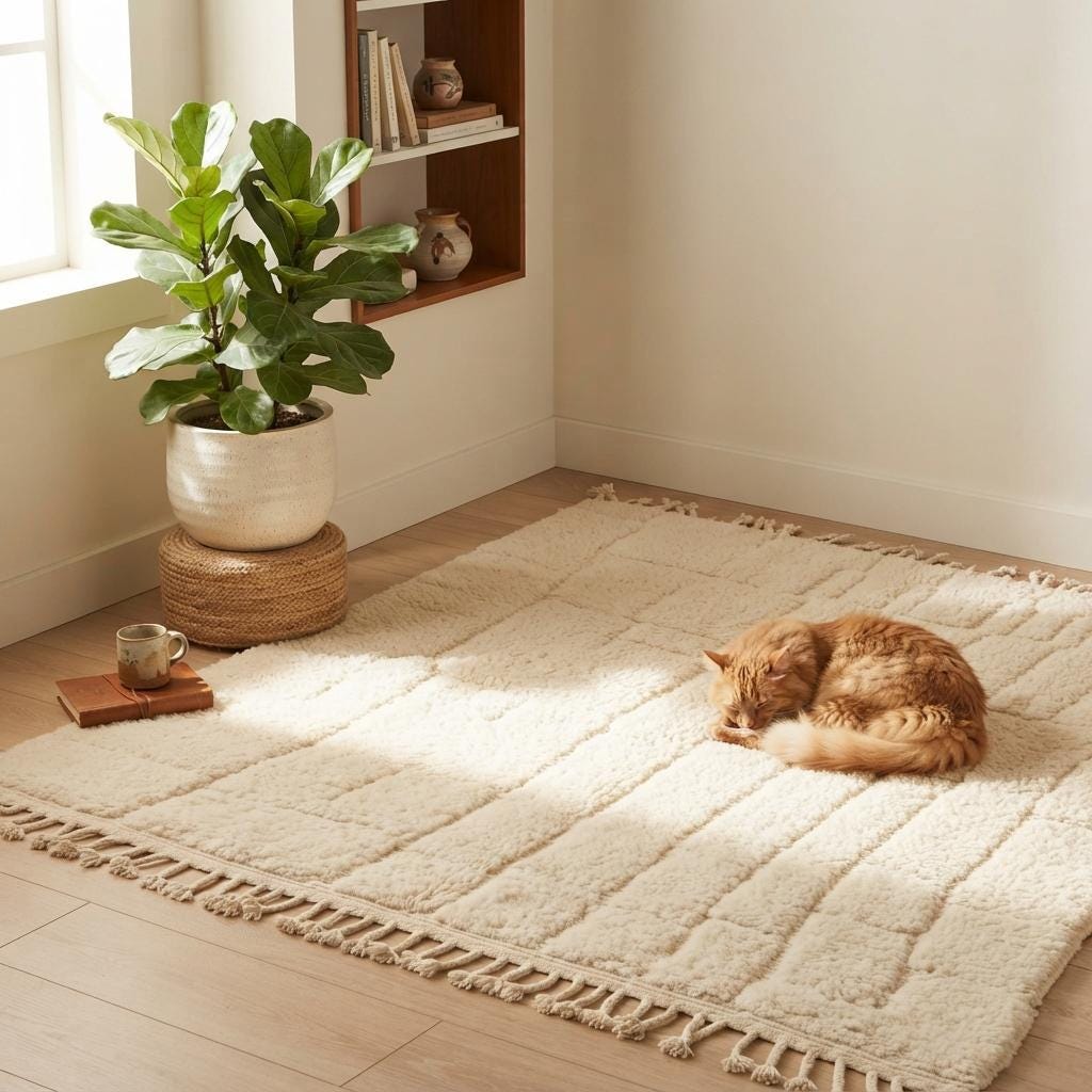 Moroccan Rug, Cream  authentic Wool Beni Ourain Rug, Authentic Moroccan Geometric Carpet