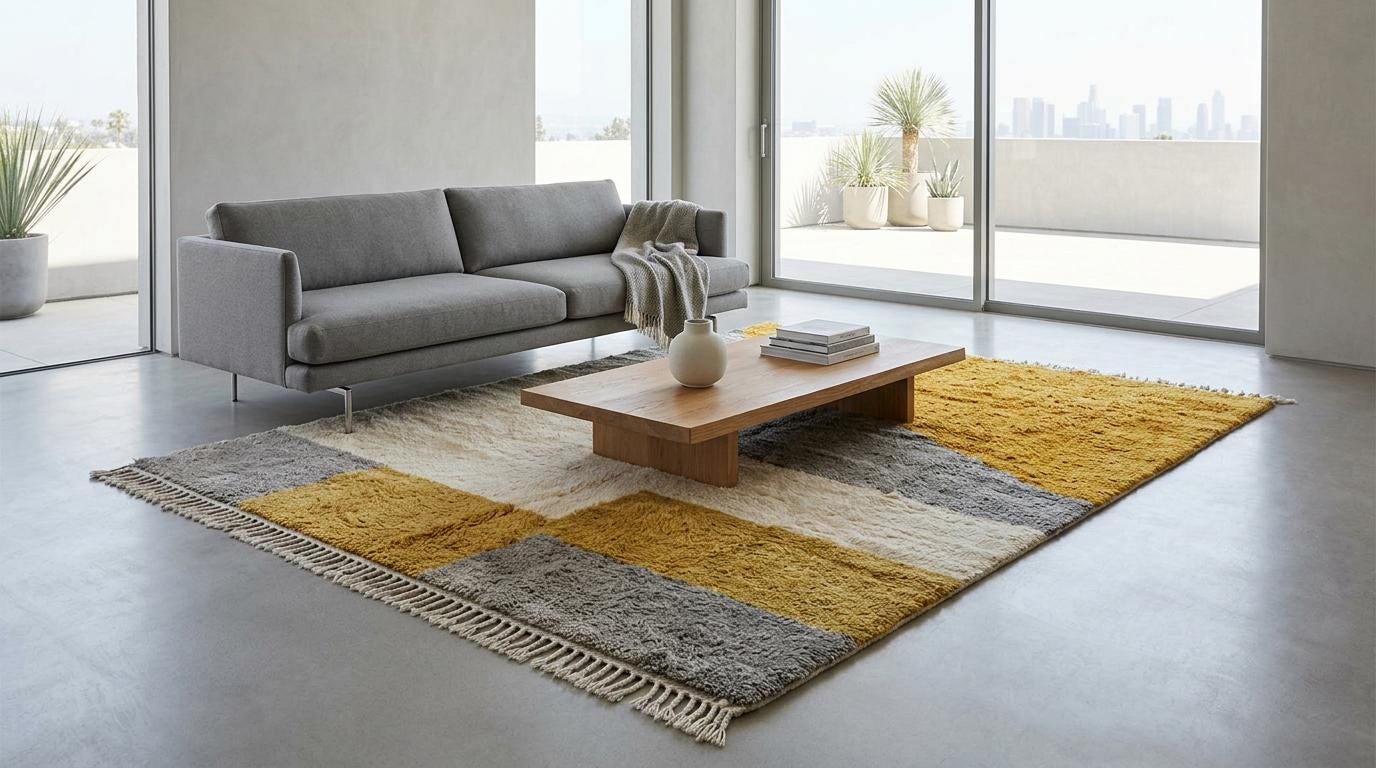 Hand-Knotted Moroccan Shaggy Rug – Mustard Geometric Wool Area Rug (Beni Ourain Style)