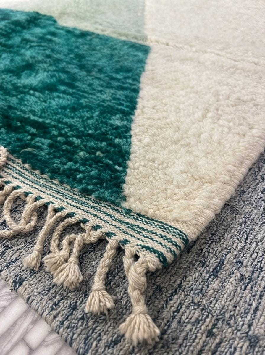Hand-knotted Moroccan Shaggy Rug – Geometric Triangles, Wool, Pink Green Blue Decor