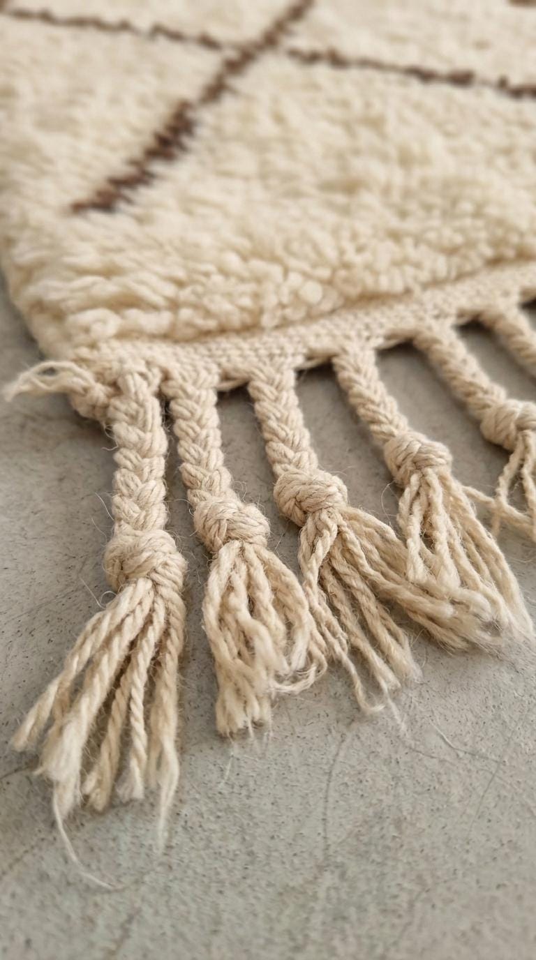Traditional Moroccan Beni Ourain Rug - Plush Cream Wool with Dark Brown Diamond Lattice - Handwoven Tribal Area Rug - Artisanal Home Decor