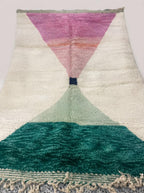 Hand-knotted Moroccan Shaggy Rug – Geometric Triangles, Wool, Pink Green Blue Decor