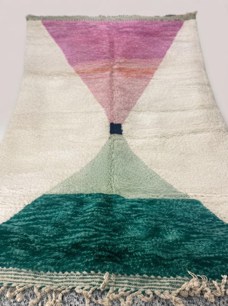 Hand-knotted Moroccan Shaggy Rug – Geometric Triangles, Wool, Pink Green Blue Decor