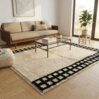 Cream & Black Geometric Wool Rug – Boho Shag Pile