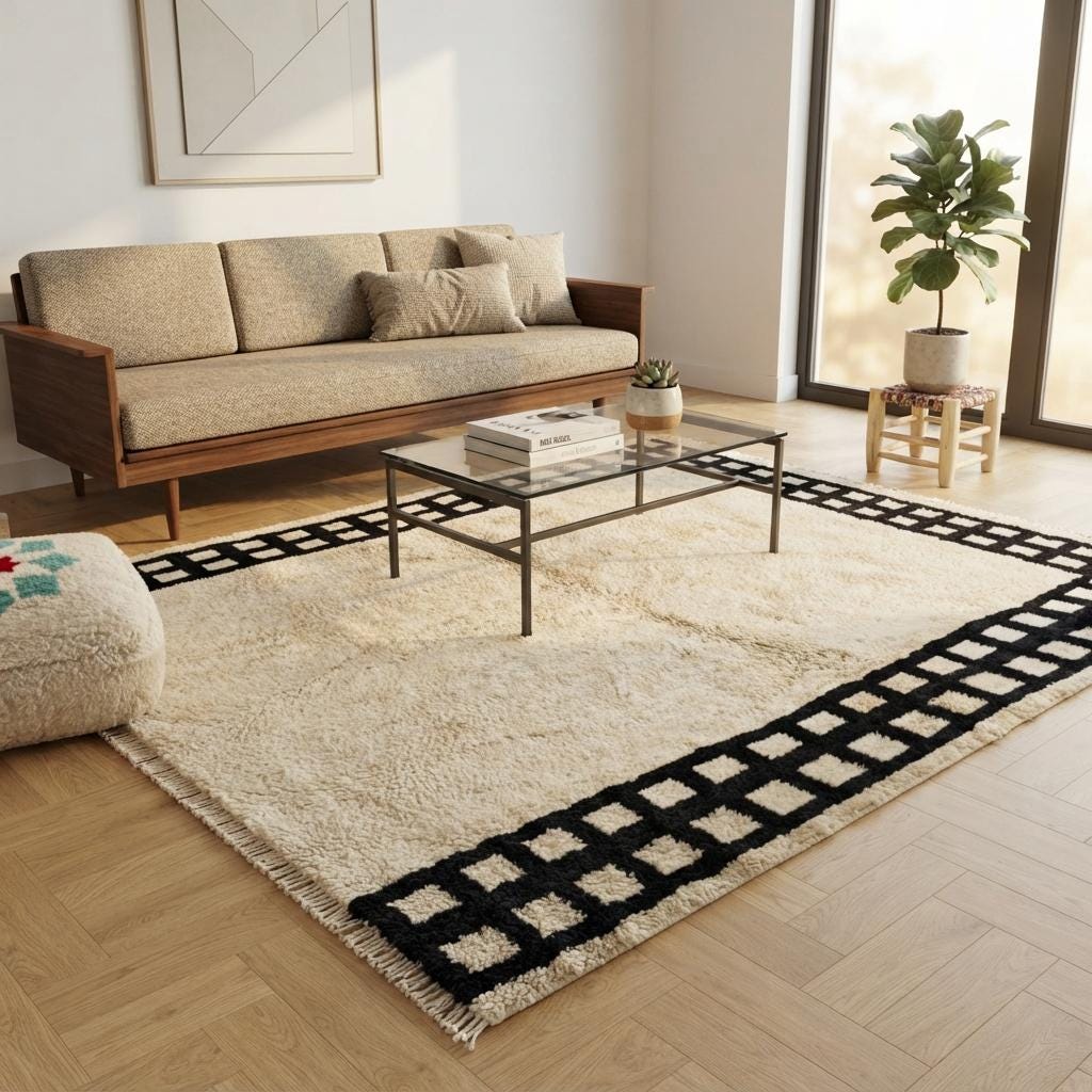 Cream & Black Geometric Wool Rug – Boho Shag Pile