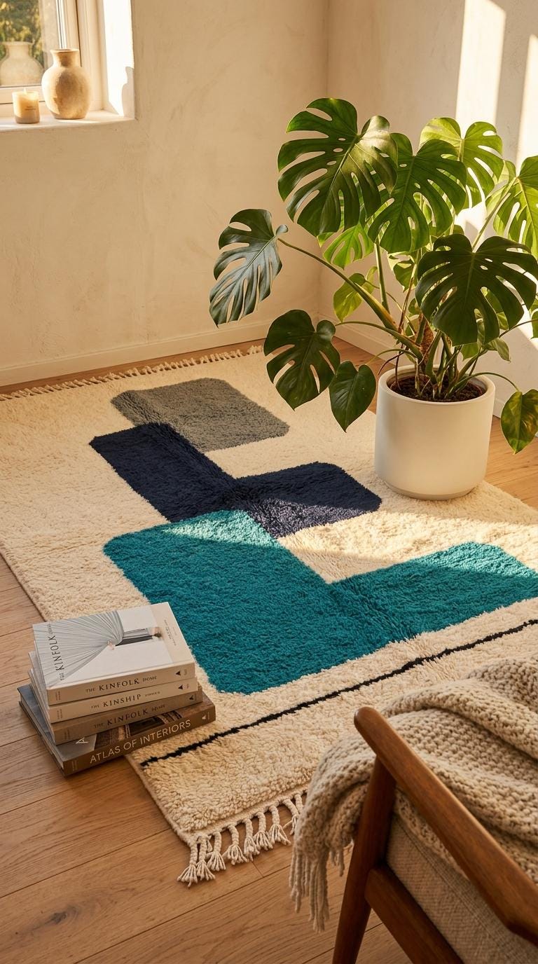 Morrocan Rug, Navy  Geometric Area Rug, Plush Hand-Tufted Boho Wool Rug