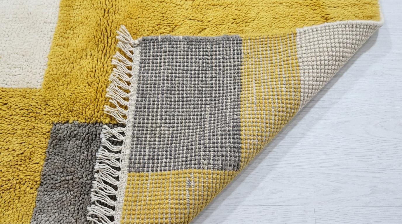 Hand-Knotted Moroccan Shaggy Rug – Mustard Geometric Wool Area Rug (Beni Ourain Style)