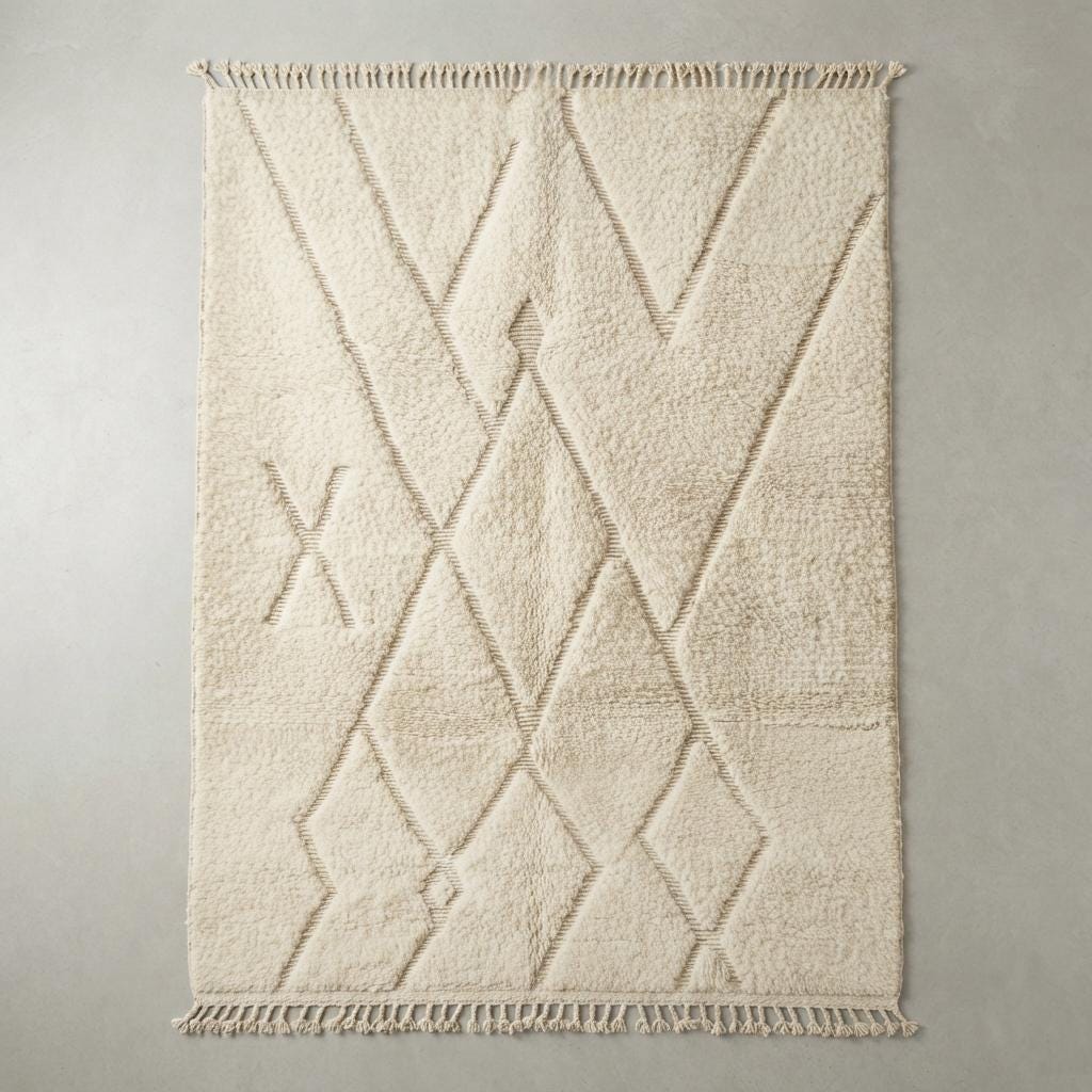 Minimalist Moroccan Berber Rug, Hand-Knotted Cream Wool Carpet, Beni Ourain Style Living Room