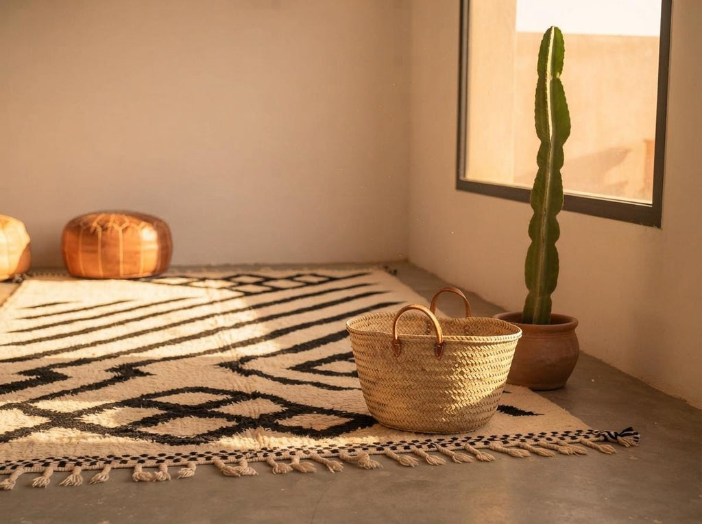 Hand-Knotted Moroccan Geometric Wool Rug – Cream Black Diamond Berber Tasseled Area Carpet