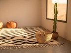 Hand-Knotted Moroccan Geometric Wool Rug – Cream Black Diamond Berber Tasseled Area Carpet