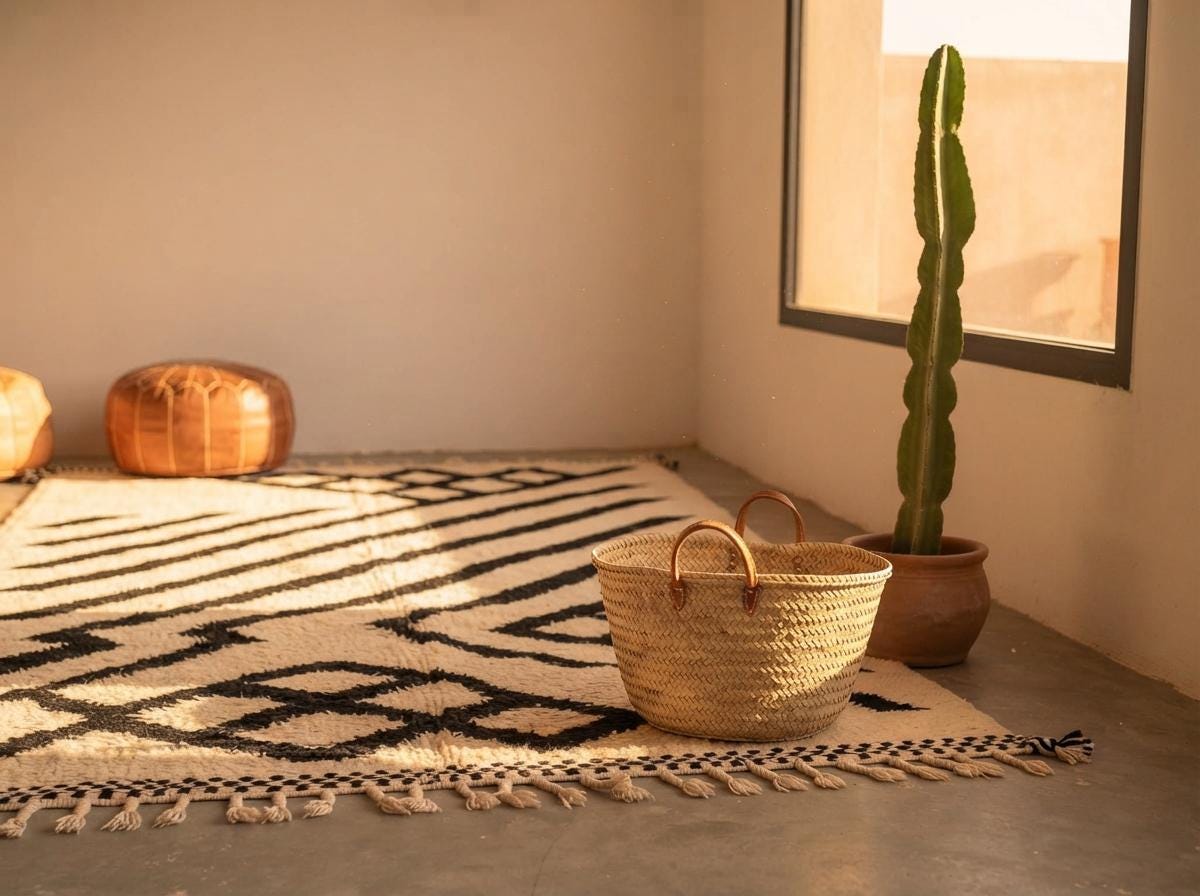 Hand-Knotted Moroccan Geometric Wool Rug – Cream Black Diamond Berber Tasseled Area Carpet