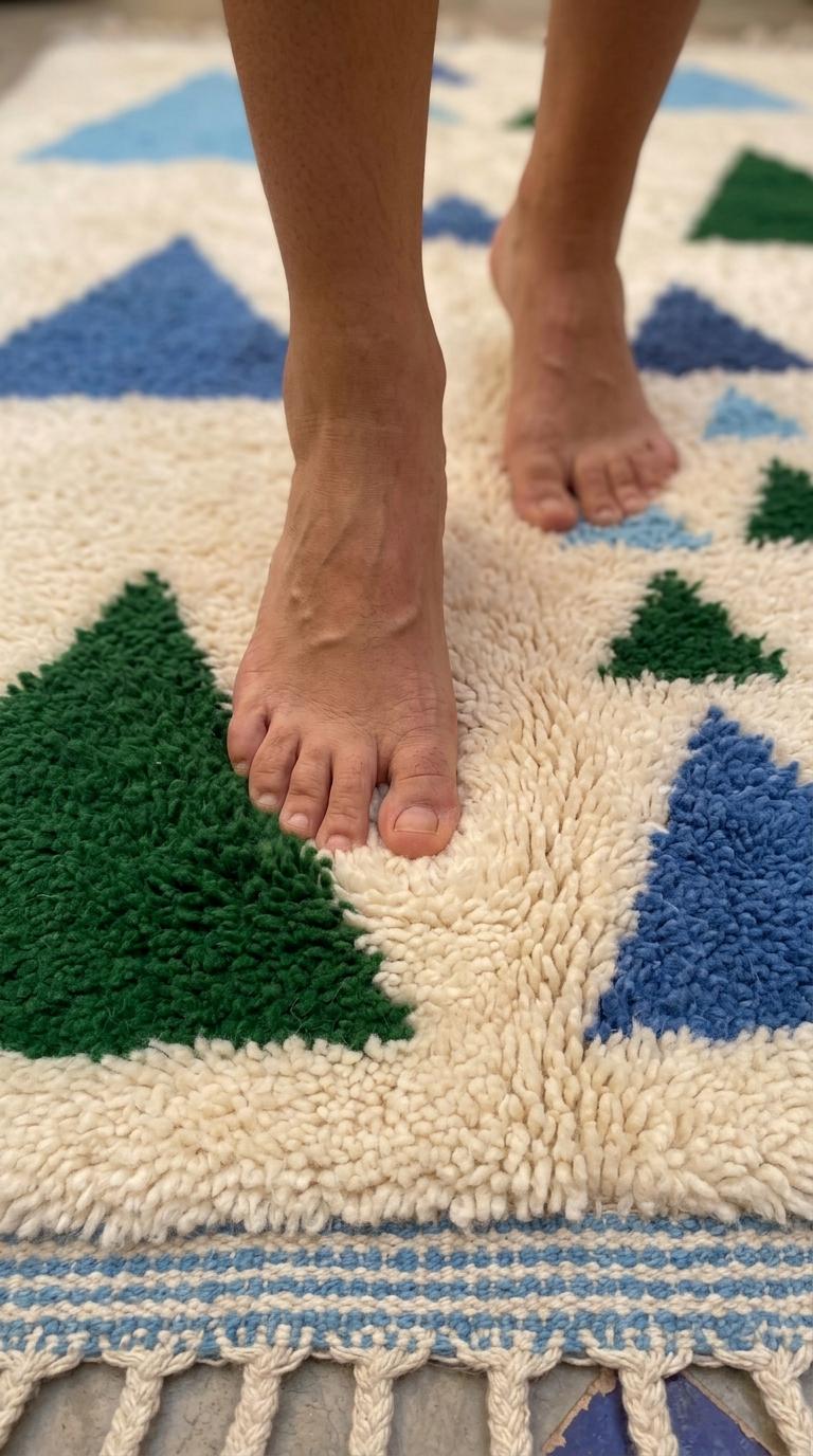 Moroccan Rug, Blue Green Geometric Triangle Shag Rug, Cream Plush Boho  Floor Art