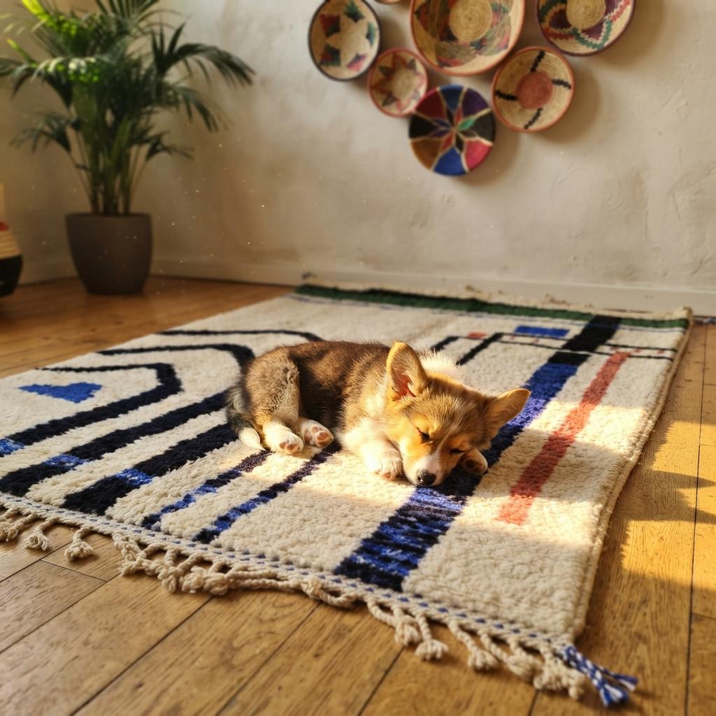 Hand-Knotted Moroccan Geometric Rug – Cream, Blue, Green, Red Berber Tribal Home Decor