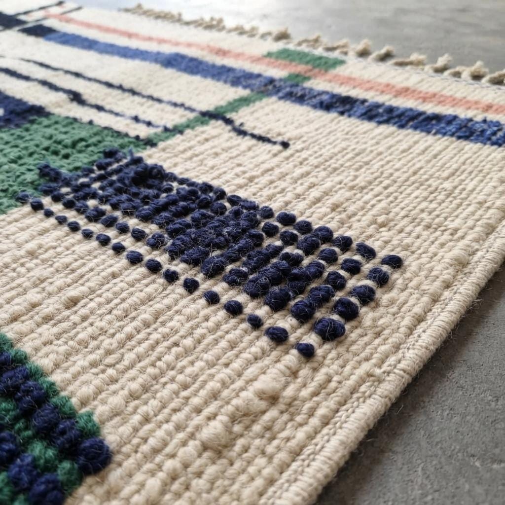 Hand-Knotted Moroccan Geometric Rug – Cream, Blue, Green, Red Berber Tribal Home Decor