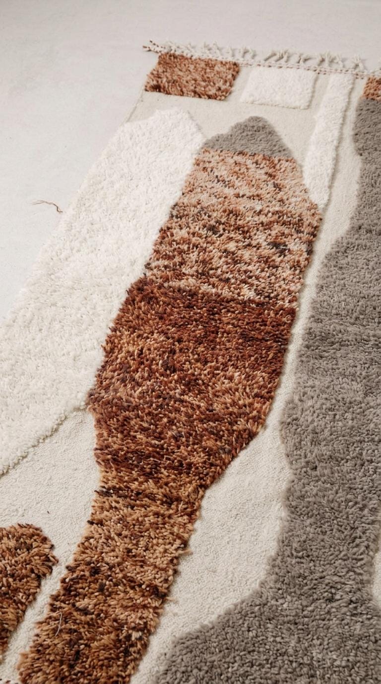 Hand-Knotted Moroccan Wool Rug, Geometric Stripes, Cream Base, Mid-Century Modern Decor