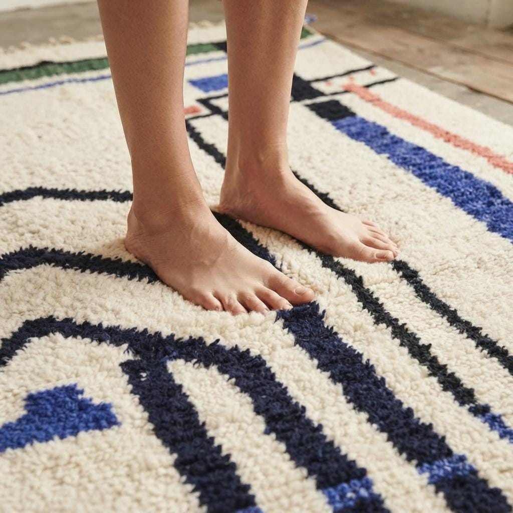 Hand-Knotted Moroccan Geometric Rug – Cream, Blue, Green, Red Berber Tribal Home Decor