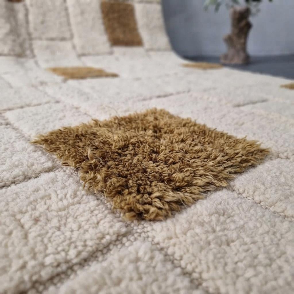 Moroccan  Wool Rug, Hand-Knotted Mustard and Cream Berber Carpet, Modern Geometric Area Rug
