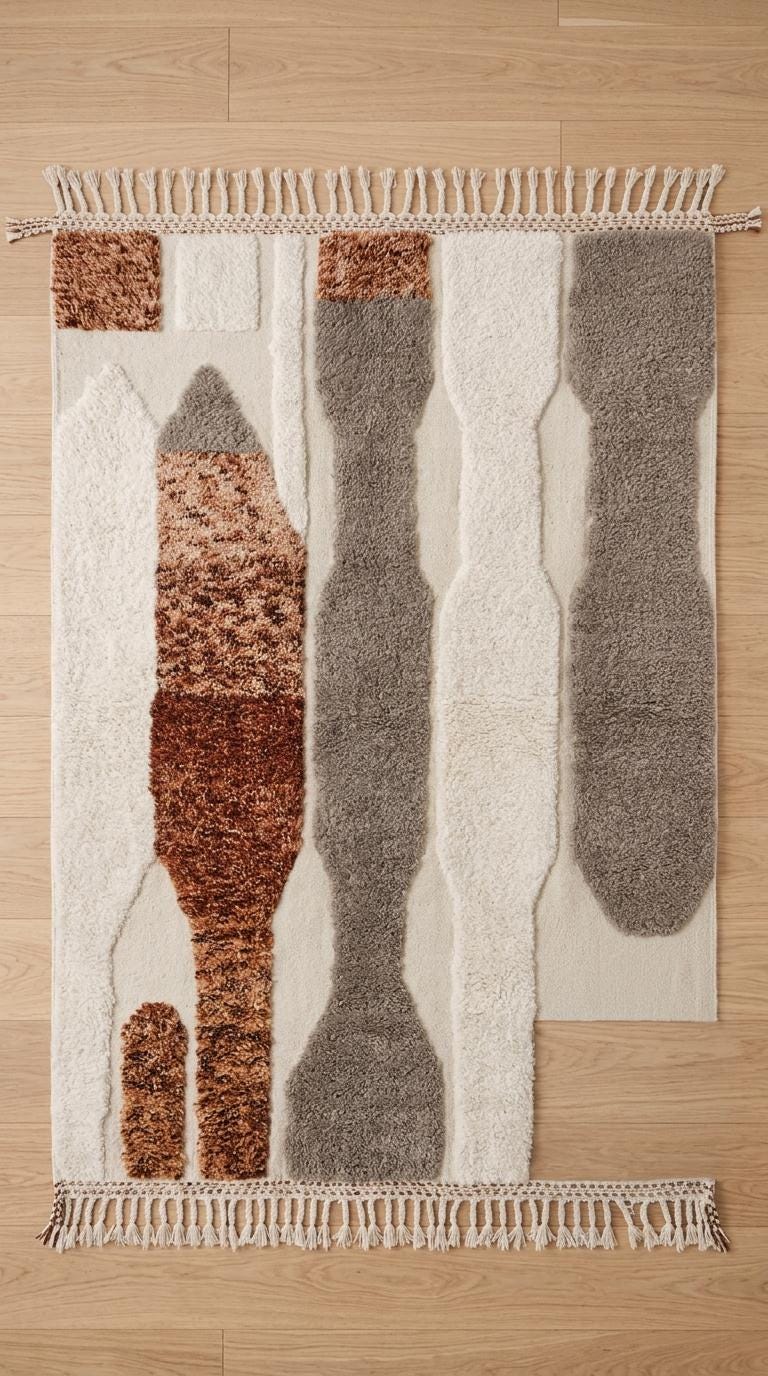 Hand-Knotted Moroccan Wool Rug, Geometric Stripes, Cream Base, Mid-Century Modern Decor
