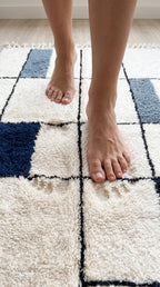 Navy Bleu Moroccan Rug, Geometric Block Area Rug,  Grey Shag, Hand-Tufted Boho Decor