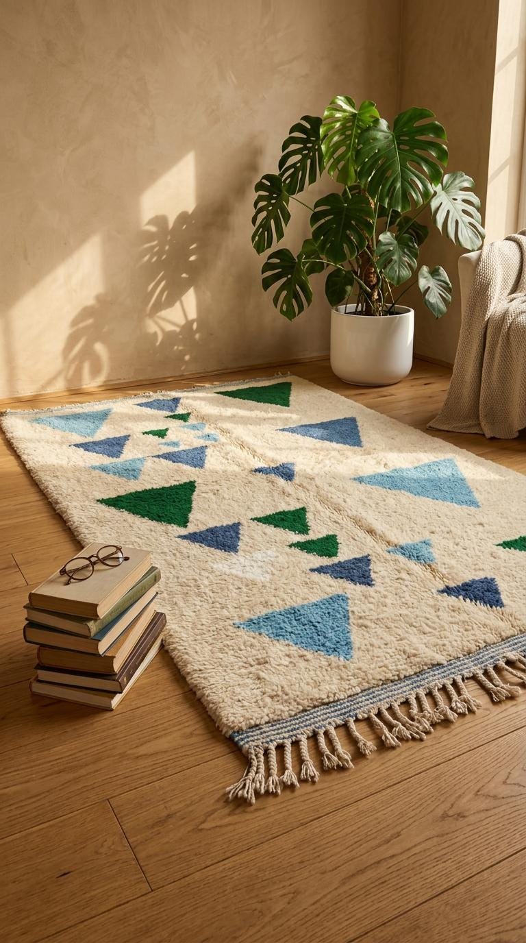 Moroccan Rug, Blue Green Geometric Triangle Shag Rug, Cream Plush Boho  Floor Art