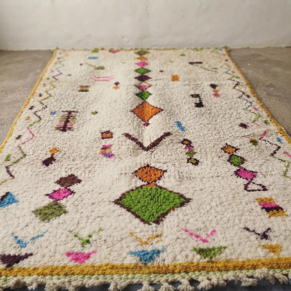 Hand-Knotted Wool  Carpet, Colorful Geometric Patterns, Bohemian Floor BerberArt