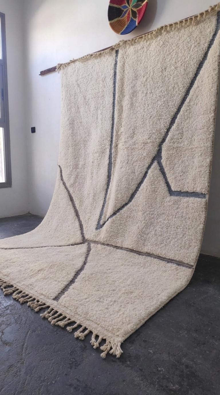 Hand-Woven Moroccan Rug, Cream Geometric Area Rug, Dark Gray Tufted Scandi Boho Plush Rug