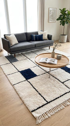 Navy Bleu Moroccan Rug, Geometric Block Area Rug,  Grey Shag, Hand-Tufted Boho Decor