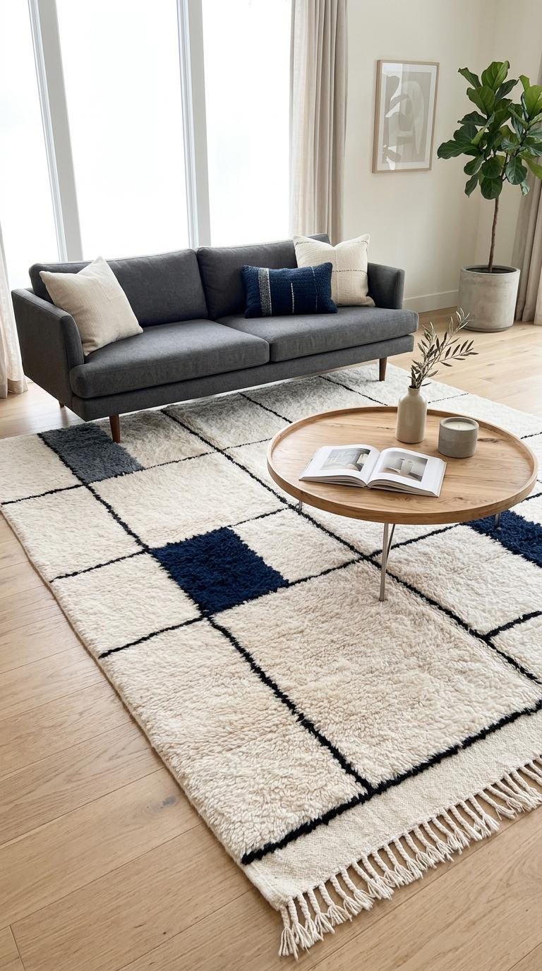 Navy Bleu Moroccan Rug, Geometric Block Area Rug,  Grey Shag, Hand-Tufted Boho Decor