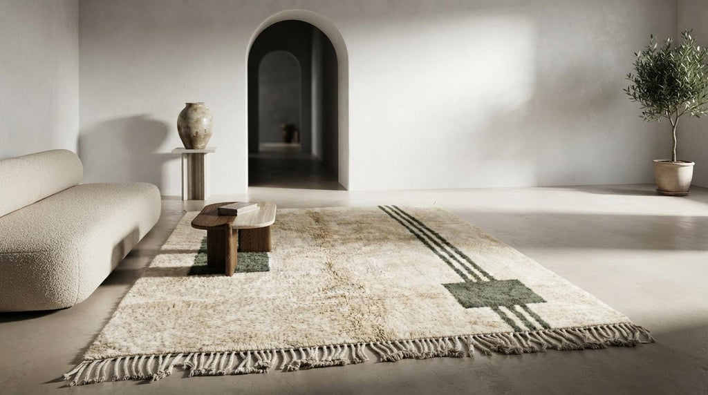 Handmade Geometric Moroccan Rug - Plush Cream Wool with Emerald Line Motif - Minimalist Berber Style Area Rug for Modern Home Decor