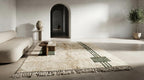 Handmade Geometric Moroccan Rug - Plush Cream Wool with Emerald Line Motif - Minimalist Berber Style Area Rug for Modern Home Decor