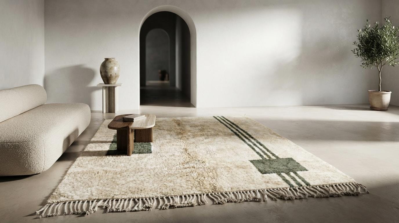 Handmade Geometric Moroccan Rug - Plush Cream Wool with Emerald Line Motif - Minimalist Berber Style Area Rug for Modern Home Decor